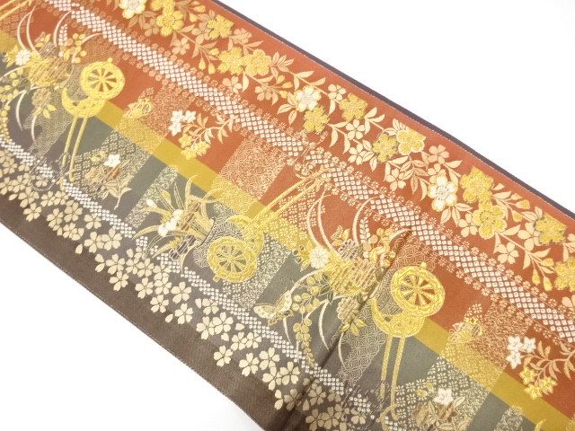 縞に花車・枝垂れ桜模様織り出し袋帯